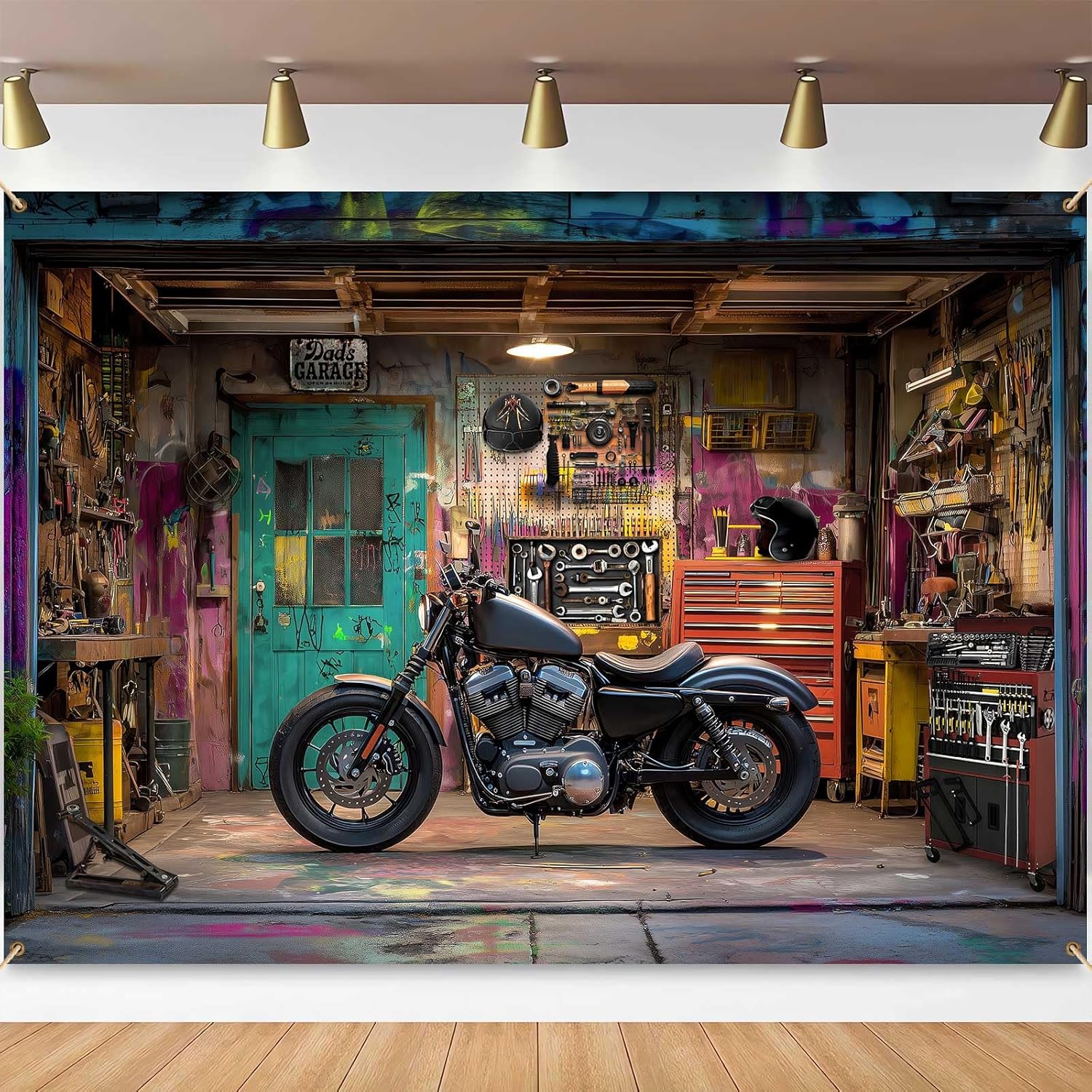 Workshop Tools Background - ฉากหลังถ่ายภาพโรงรถมอเตอร์ไซค์ ลายกราฟฟิตี ร้านมอเตอร์ไซค์ อู่ซ่อมรถ ช่างซ่อม ฉากหลังงานปาร์ตี้วันเกิด