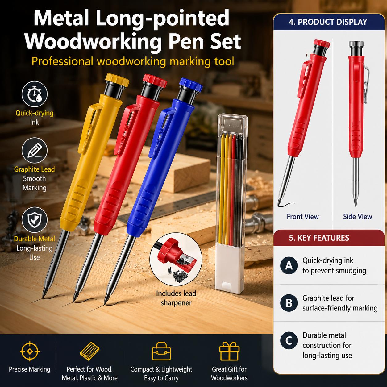 Marking Tools In Workshop - ชุดดินสอกดปลายโลหะยาวสำหรับงานไม้ เครื่องมือทำเครื่องหมายรูลึก พร้อมไส้กราไฟต์ แห้งเร็ว ความแม่นยำสูง สำหรับงานก่อสร้าง