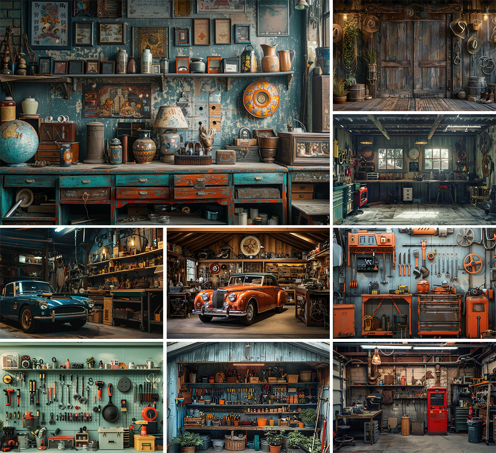 Workshop Tools Background - Mehofondการถ่ายภาพพื้นหลังVINTAGEโรงรถรถซ่อมเครื่องมือWorkshopวันเกิดParty Portrait DecorฉากหลังPhoto Studio