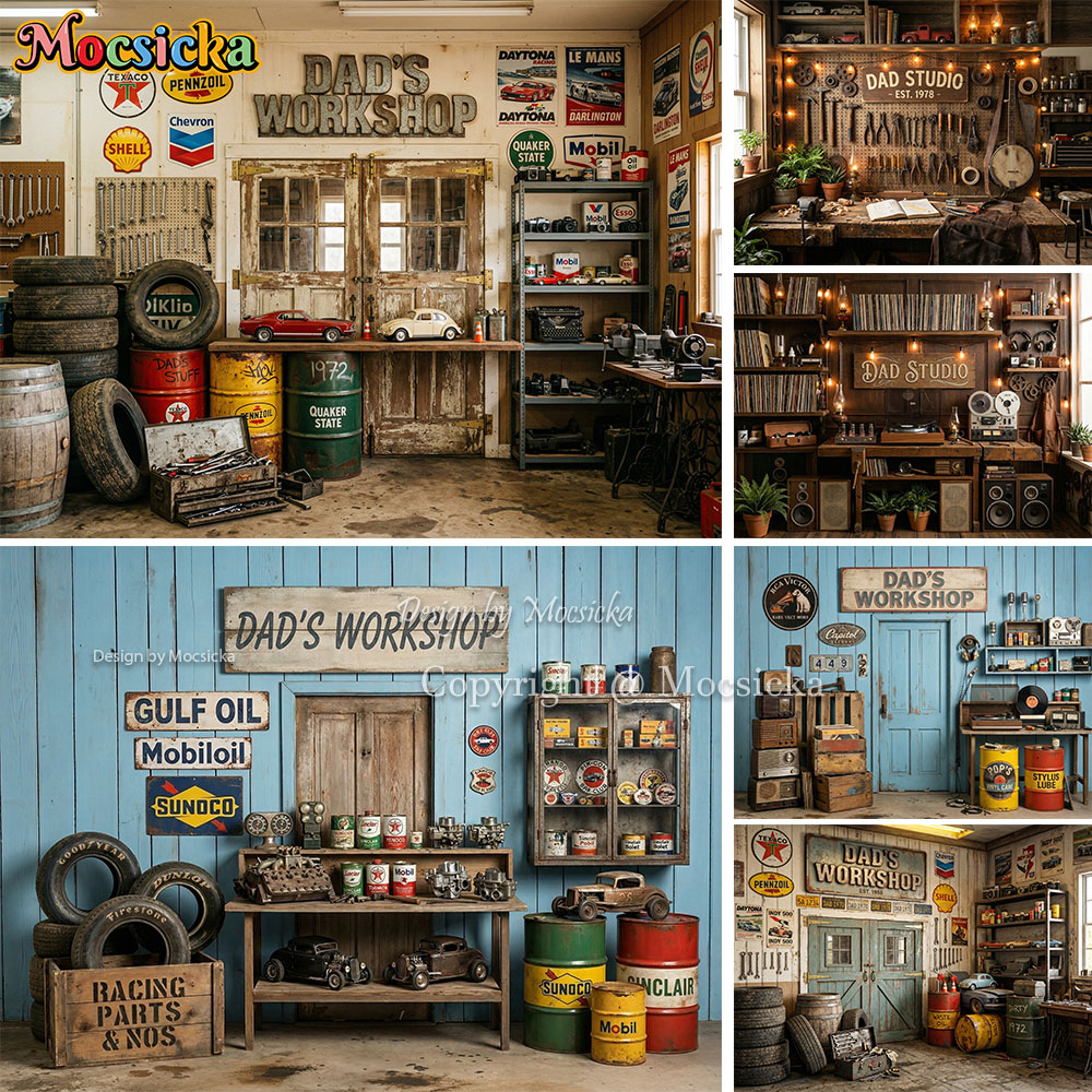 Workshop Tools Background - ฉากหลังถ่ายภาพลายโรงซ่อมของคุณพ่อ Mocsicka สไตล์วินเทจ พร้อมป้ายรถ ยาง น้ำมัน