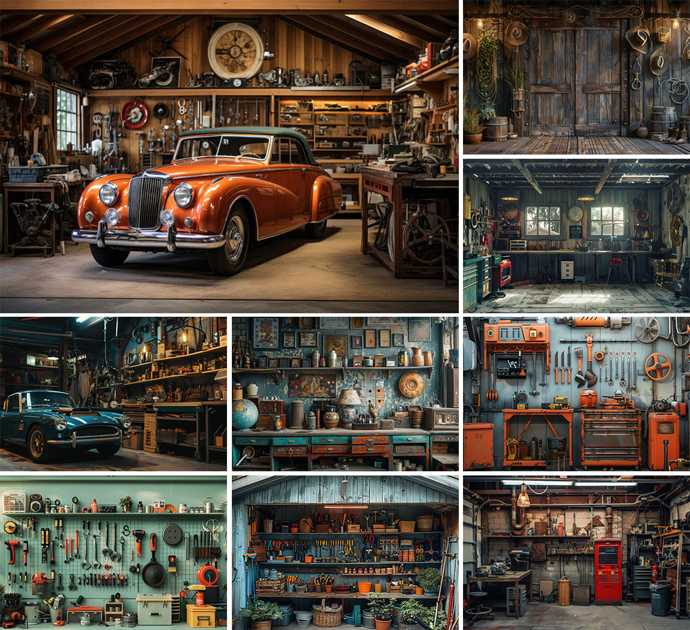 Workshop Tools Background - Mehofondการถ่ายภาพพื้นหลังVINTAGEโรงรถรถซ่อมเครื่องมือWorkshopวันเกิดParty Portrait DecorฉากหลังPhoto Studio