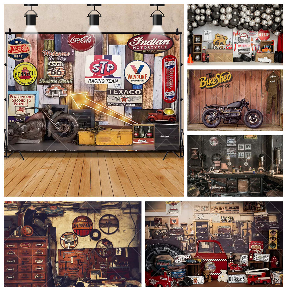 Workshop Tools Background - Retro รถจักรยานยนต์ซ่อมรถยนต์โรงรถเครื่องมือ Workshop Cool Boys เด็กวันเกิด
